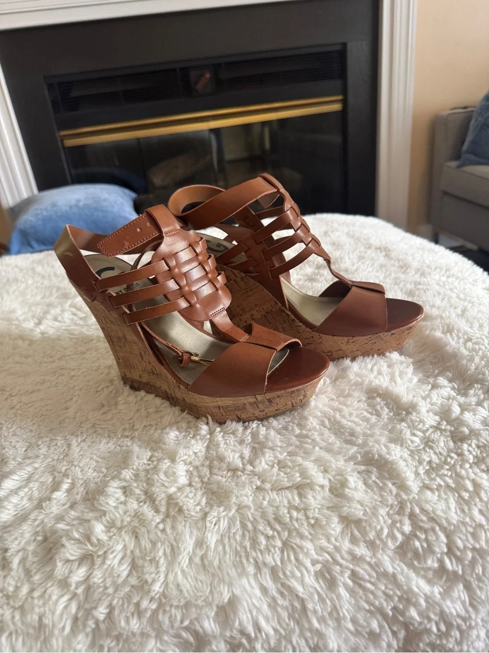 Guess Brown Woven Leather Cork Platform Wedge Sandals